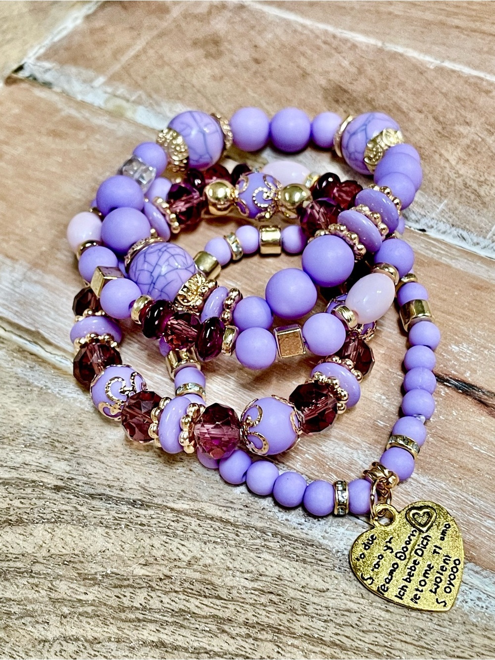 Lavender and Gold Beaded Stretch Bracelet Set with Heart Pendant